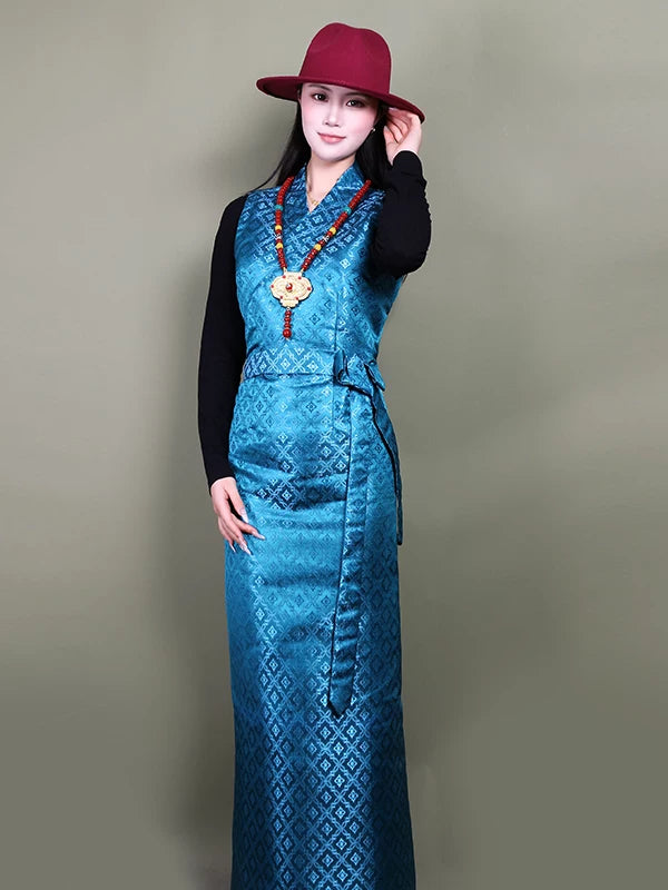 Elegant tibetan sleeveless kangba bola dress women traditional skirt for folk dance performance costume side view