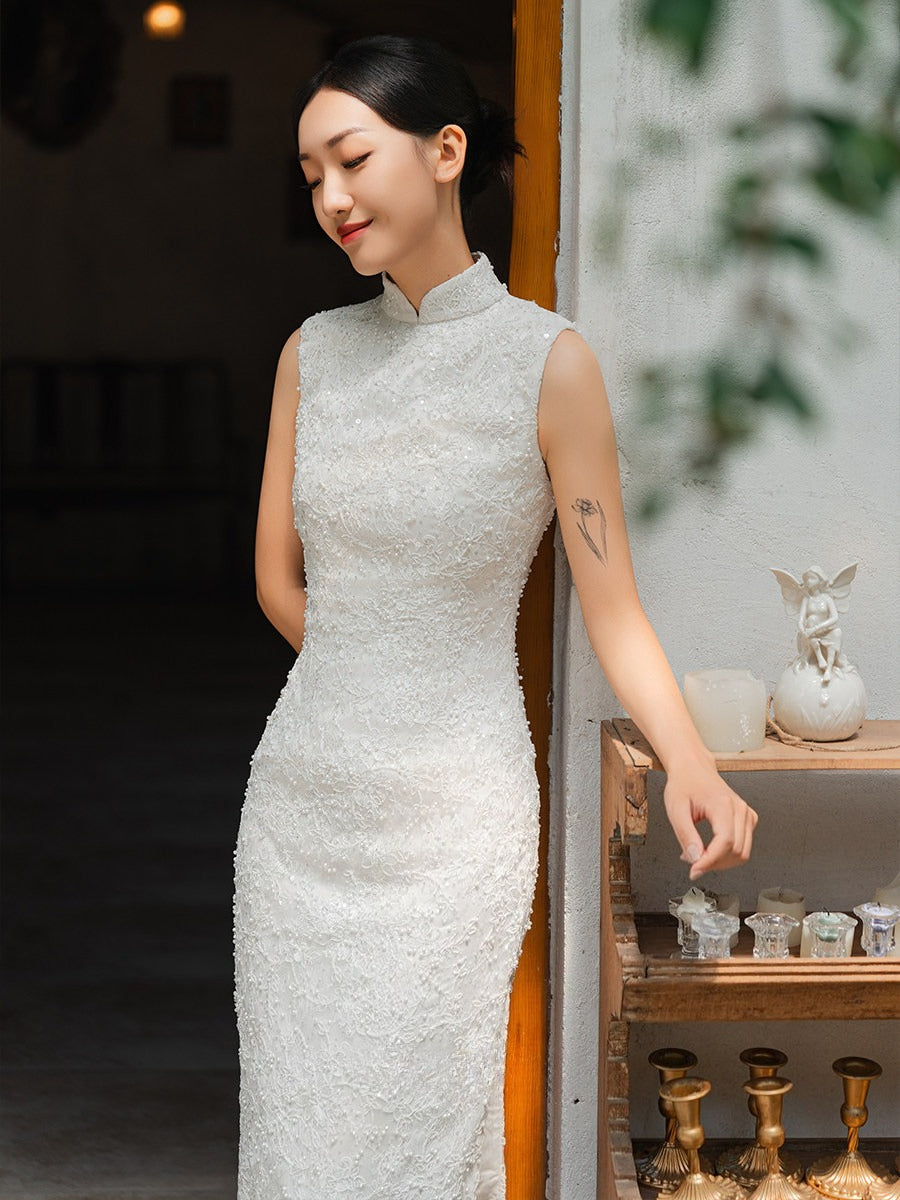 White Lace Cheongsam Wedding dress| Modified Sleeveless Qipao | Toast & Wedding Dress | Standard & Custom Made | XSXL - White / XS White Lace Cheongsam Wedding dress| Modified Sleeveless Qipao | Toast & Wedding Dress | Standard & Custom Made | XSXL - White / XS