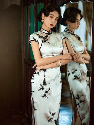  Elegant white silk cheongsam dress black plum blossom print long qipao with mandarin collar for women side view