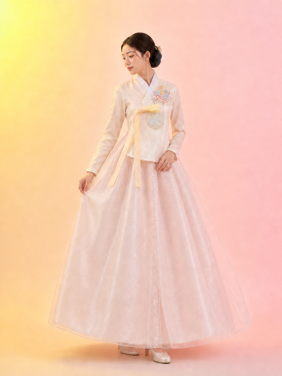 Elegant women hanbok white long sleeve jeogori with blush pink full chima skirt and yellow bow bridal style for women side view

