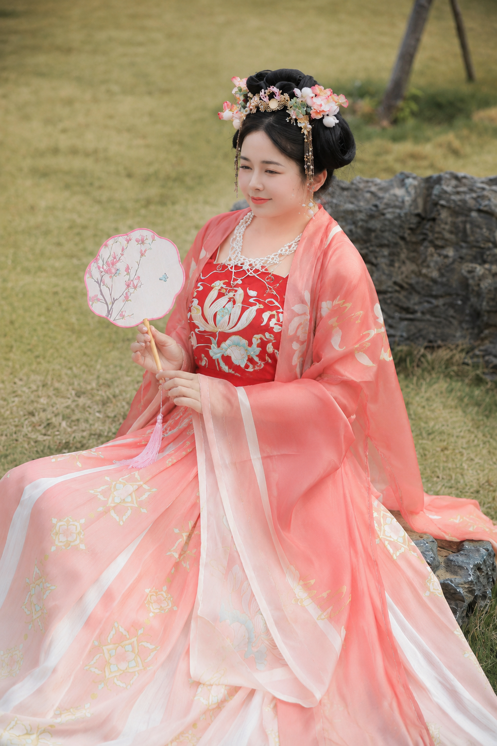 Elegant women tang feng embroidered crocodile skirt big sleeved shirt looking thin large size antique summer side view