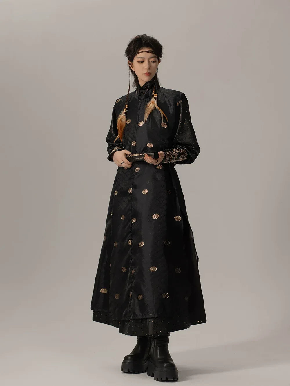 Elegant wujing hanfu inspired jacket gold brocade round collar modern robe for spring autumn side view