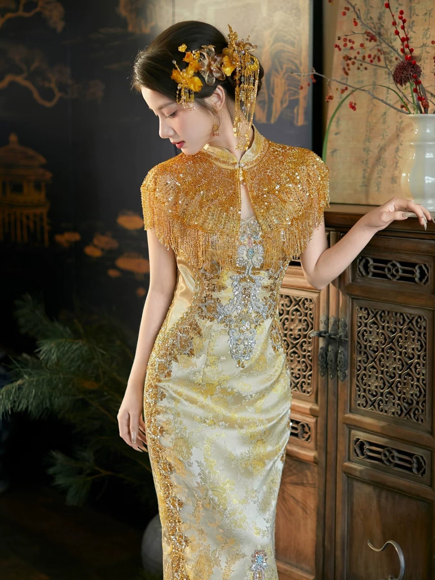 Gold Cheongsam Bridal Gown|Suzhou Embroidery | Dragon Phoenix Jacket | Cheongsam Wedding Dress - Golden Dream / S Gold Cheongsam Bridal Gown|Suzhou Embroidery | Dragon Phoenix Jacket | Cheongsam Wedding Dress - Golden Dream / S