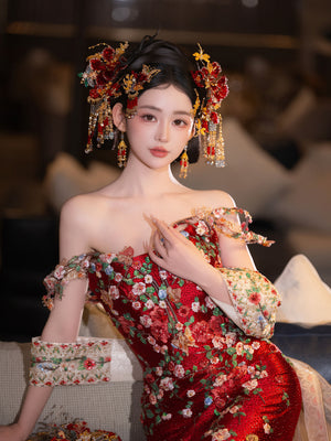 Elegant xiuhe red gold headdress versatile cheongsam morning robe new chinese wedding hair accessory side view