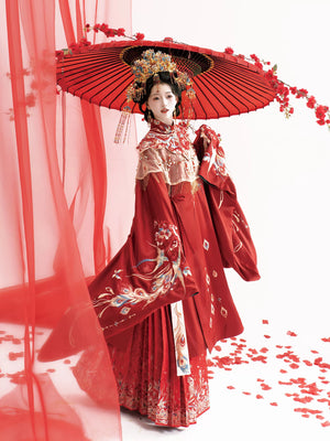 Elegant yan di liangyuan ming dynasty wedding hanfu complete traditional bridal set for wedding ceremony side view

