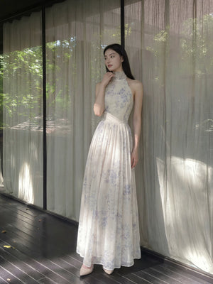 Elegant yarn fog blue white new chinese dress two way wear floating yarn shawl long gown for women side view

