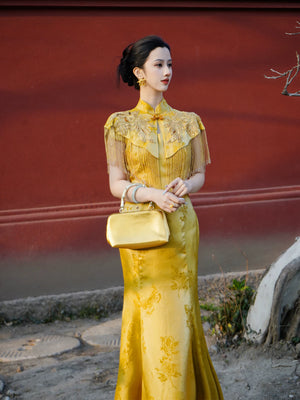 Elegant zhiye jinchan new chinese cheongsam mulberry silk bead embroidered tassel cloud shoulder fishtail dress side view