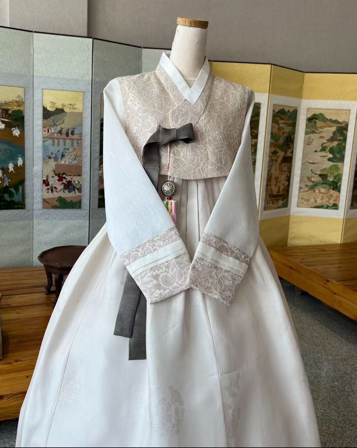 Pastel color lace hanbok set traditional korean attire with elegant lace accents