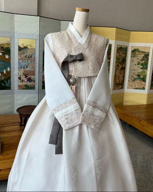 Pastel color lace hanbok set traditional korean attire with elegant lace accents