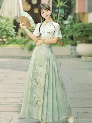  Embroidered green hanfu set summer short sleeve and horse face skirt

