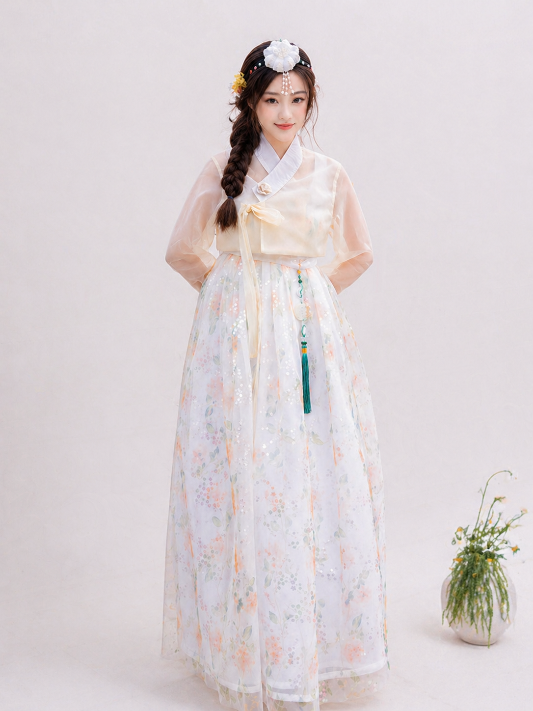 Embroidered lace traditional korean court hanbok ethereal women dress for performance dance and photography back view