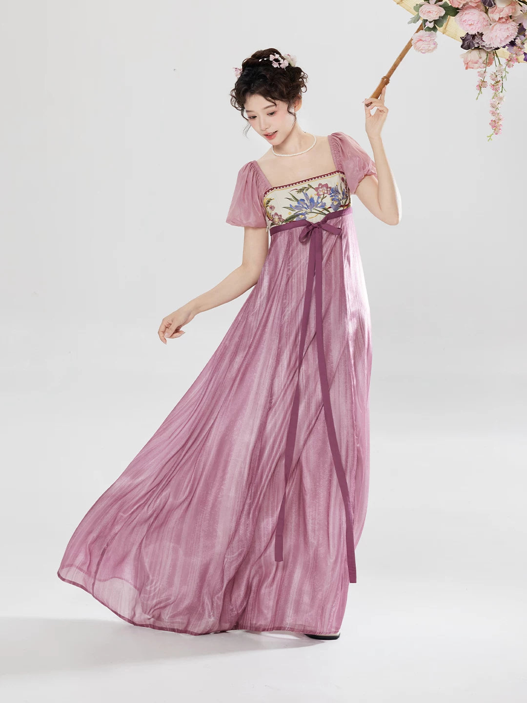 Entering the curtain spring national style embroidered long dress bubble sleeves early spring beautiful dress for women front view

