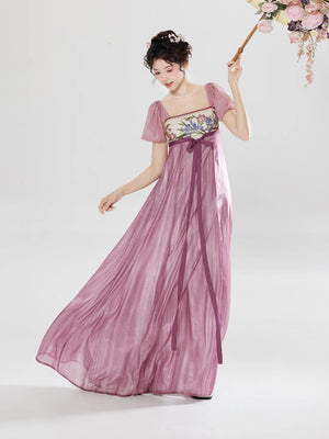 Entering the curtain spring national style embroidered long dress bubble sleeves early spring beautiful dress for women front view

