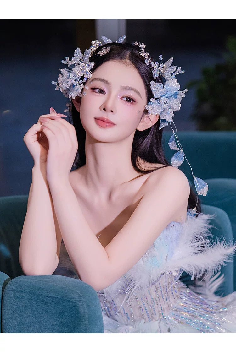 Ethereal mermaid blue hair vine ocean inspired gradient blue bridal hair ornament for bride full length view