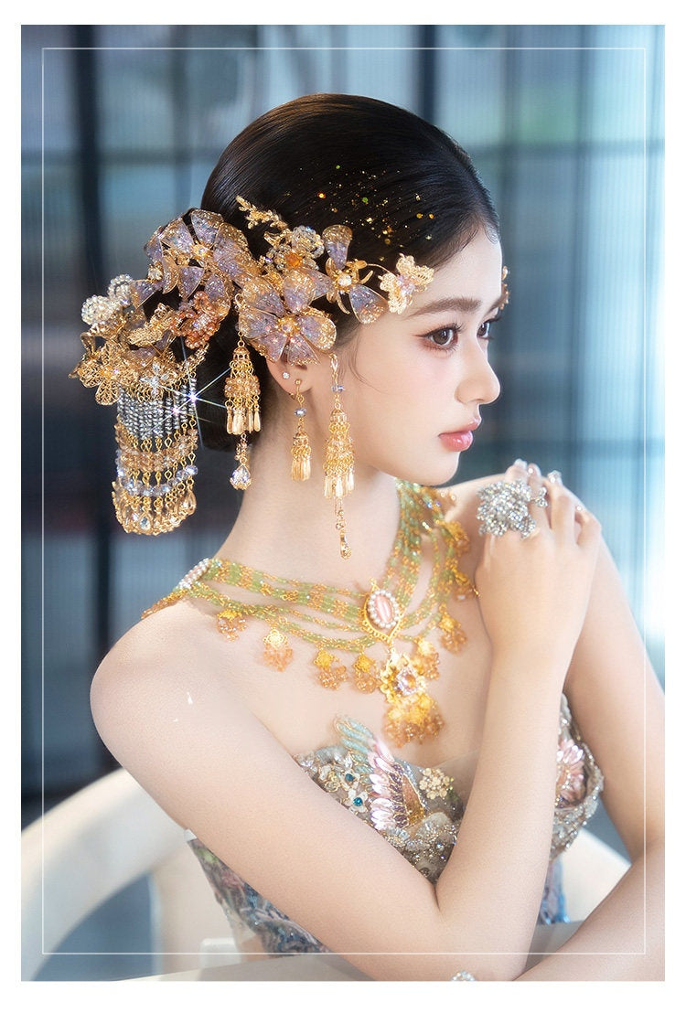 Exquisite handmade liquid flower bridal headdress hanfu xiuhe retro traditional wedding hair ornament back view