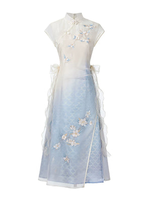Fairy style lolita qipao white blue gradient sleeveless midi dress with 3d floral petal detail and mandarin collar for women fabric and petal detail