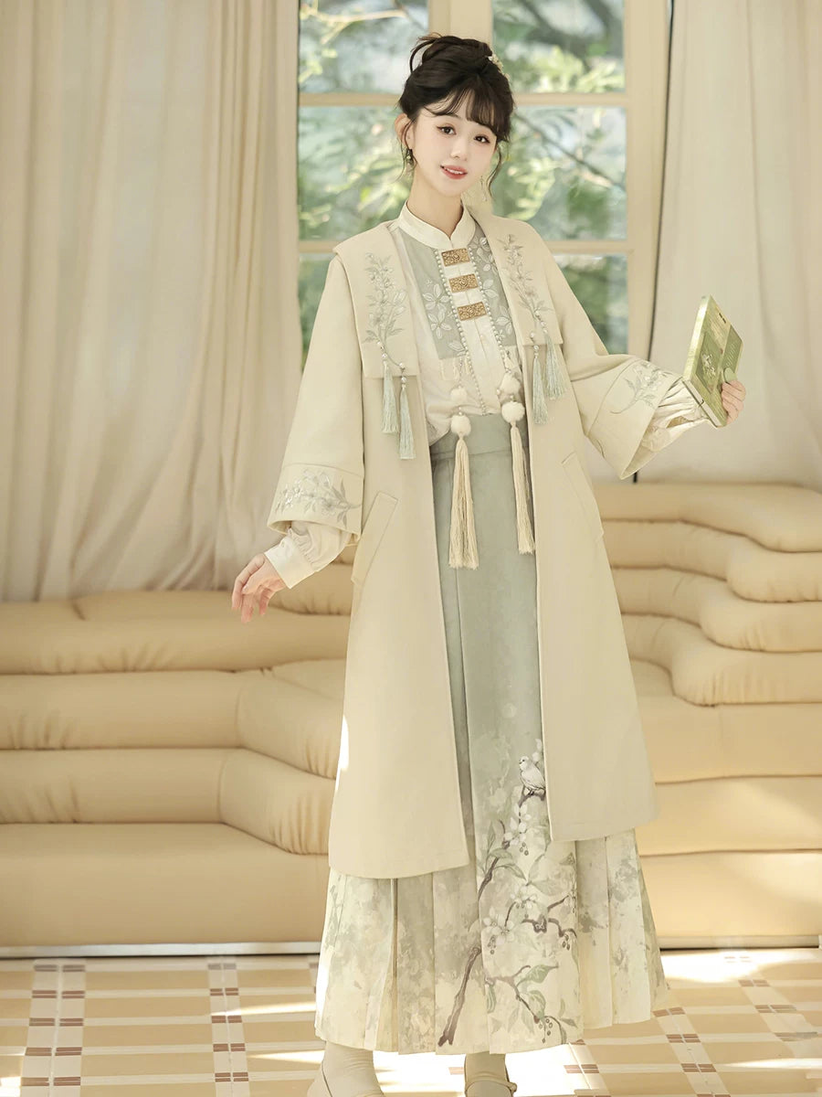 Fangye old dream traditional inspired green modern hanfu complete 3 piece set for women daily outfit back view

