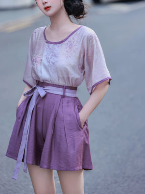 Fendai purple dream wisteria hanfu set tencel shirt tang style beizi sling top and shorts for daily wear standing front