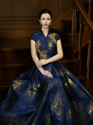 Fengqi jinhuang new chinese style gilt sprinkled gold bead embroidery french court pendulum dress for women front view

