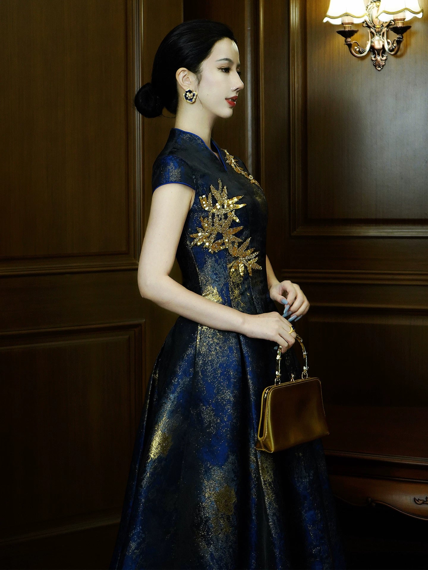 Fengqi jinhuang premium pendulum dress new chinese french court style with gold bead embroidery and gilt finish fabric detail

