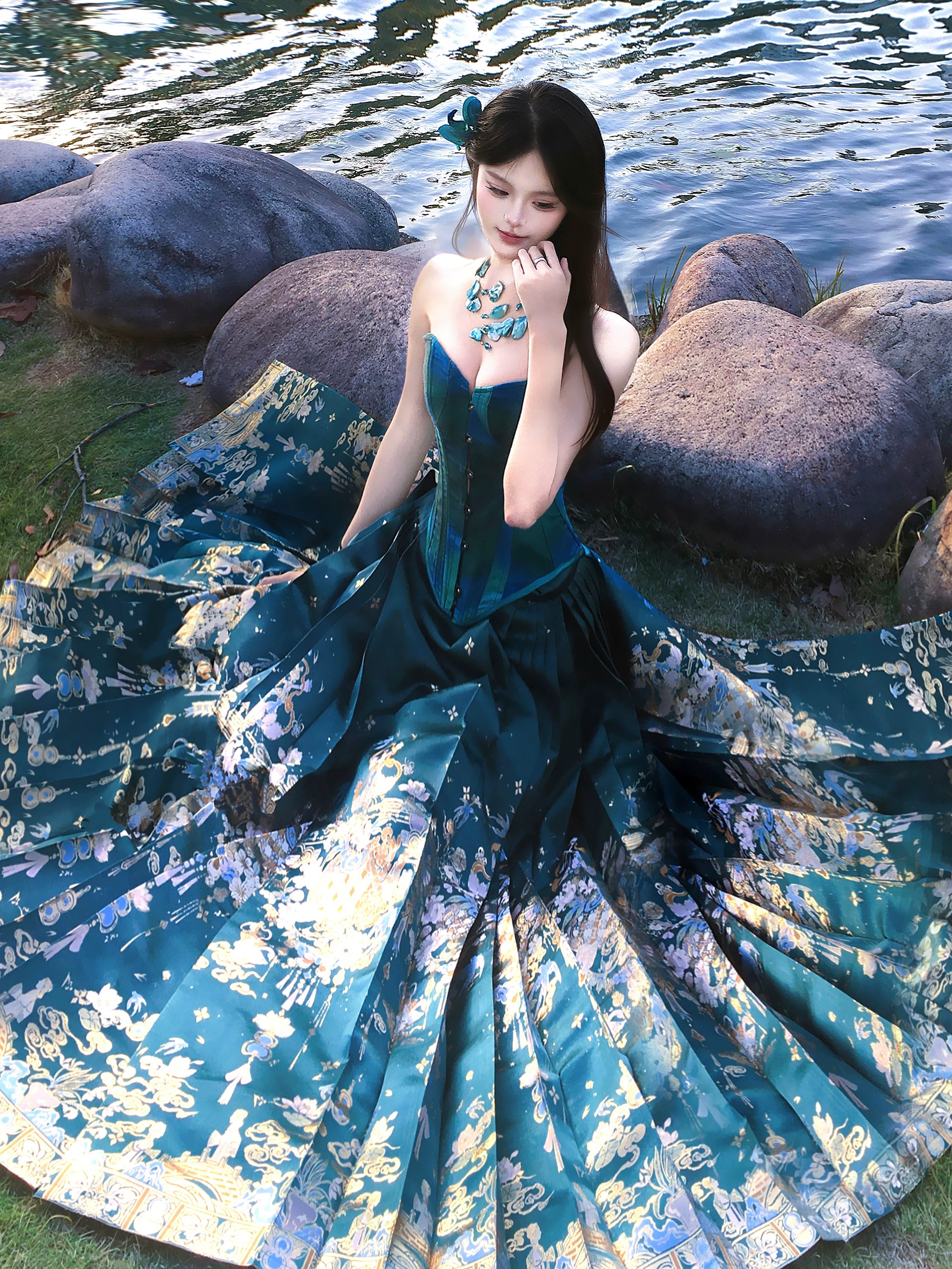 Finch green brocade horse face skirt movie chang an double warp