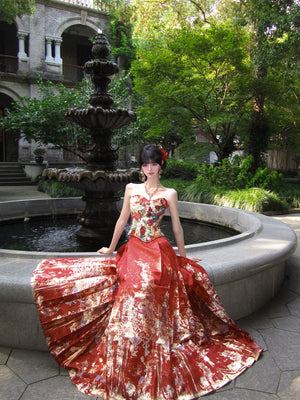 Fish banquet lantern night fishbone top red horse face skirt hanfu set