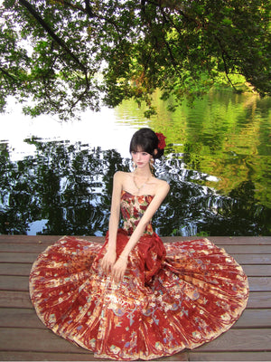 Fish banquet lantern night hanfu set red horse face skirt and fishbone top