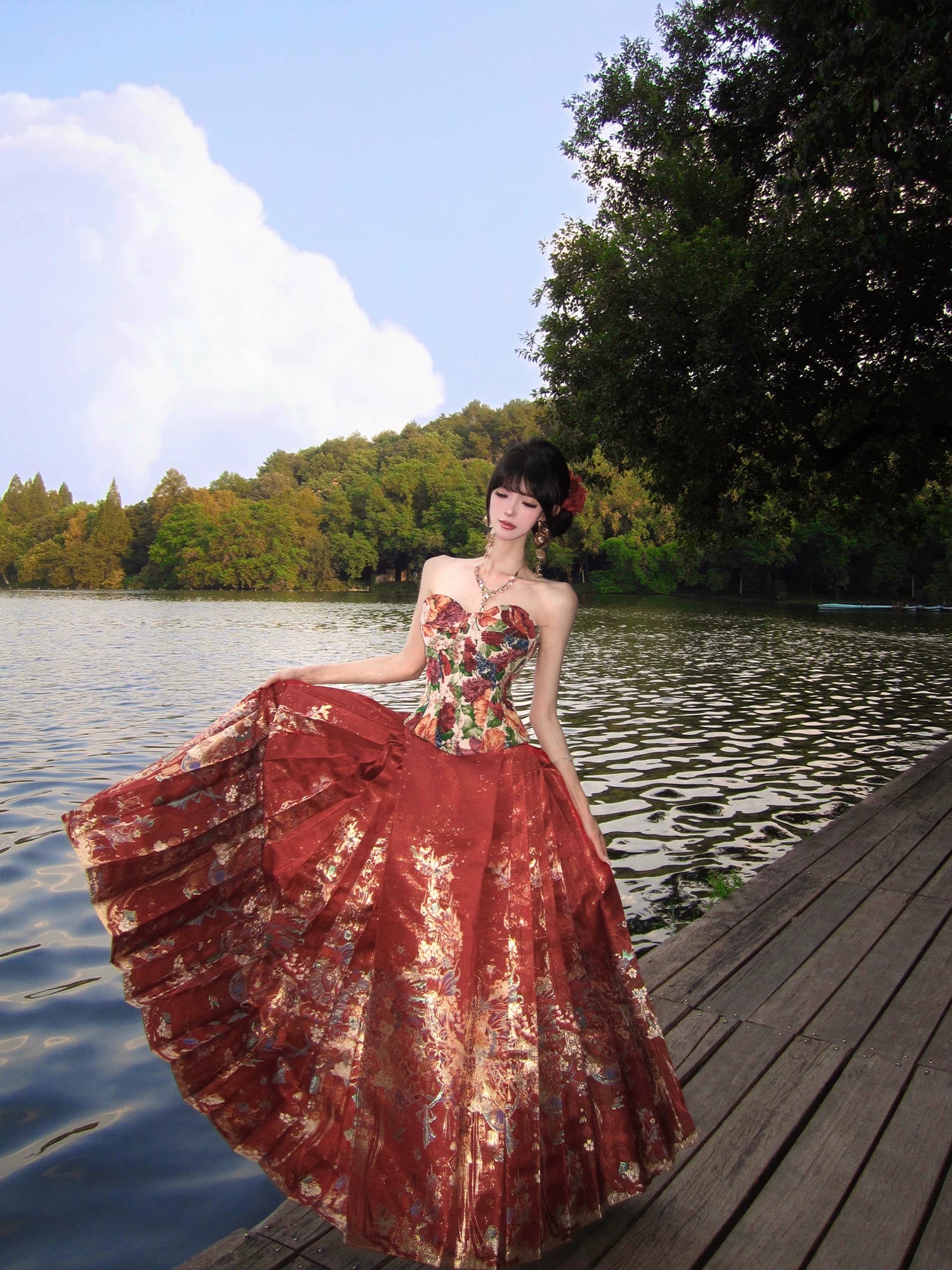 Fish banquet lantern night red hanfu horse face skirt and fishbone top set