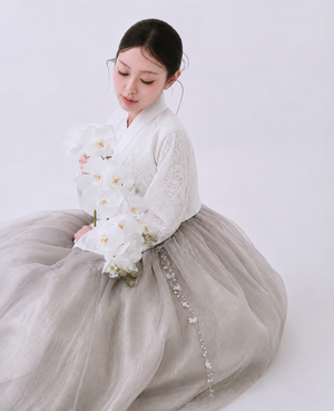 Floral Lace Bridal Hanbok | Soft Grey Tulle Skirt and Pearl Accents Embroidered for Bride Wedding

