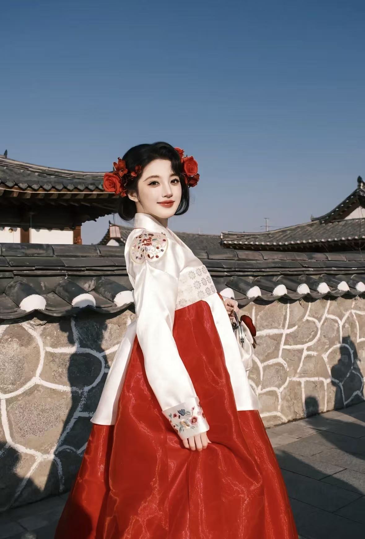 Floral red traditional hanbok korean one size dress