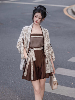 Floral wide sleeve modern hanfu cardigan robe and dark brown tube top mini skirt vintage streetwear chinese style set for women back view