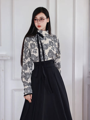 Flower branch ink spring summer hanfu set cotton linen high collar top and black 6m pleated skirt tang dynasty style fabric detail