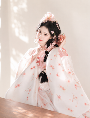 Flowing wide sleeve pink princess hanbok korean court style dress for women fabric and sleeve detail