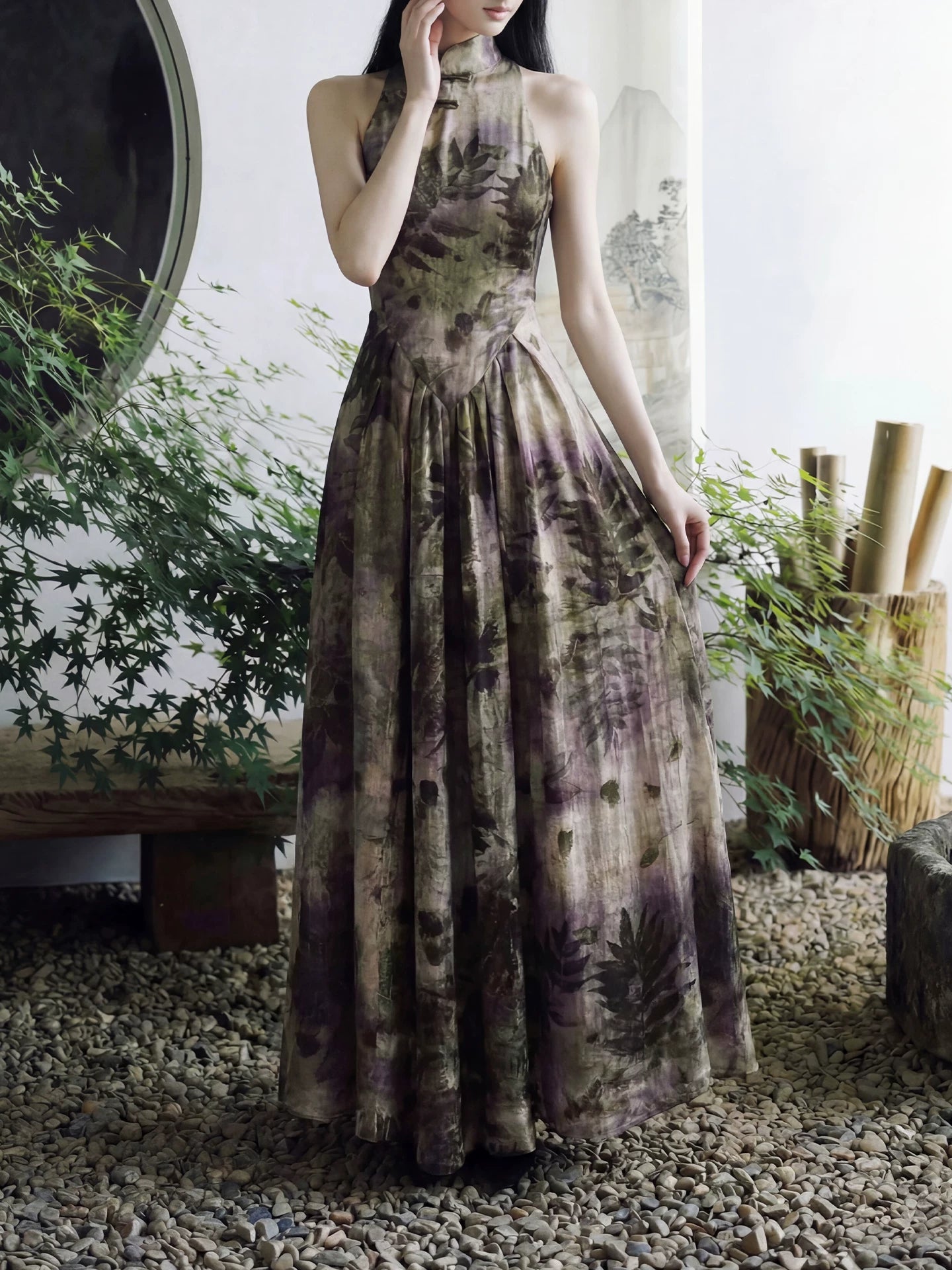  French retro improved qipao sumeru plant tie dye sleeveless cheongsam dress