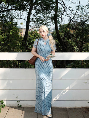 Glutinous rice danqing dian new chinese style polka dot improved cheongsam skirt waist water drop collar long skirt