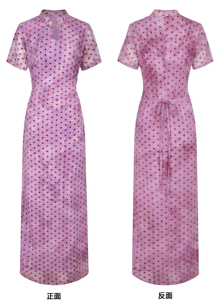 Glutinous rice new chinese cheongsam danqing dian polka dot water drop collar improved long skirt