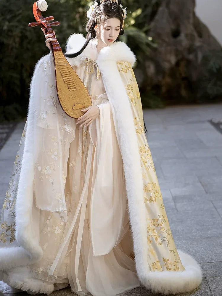 Authentic gold winter fur hanfu cloak thick warm elegant festive outerwear for women holidays standing front