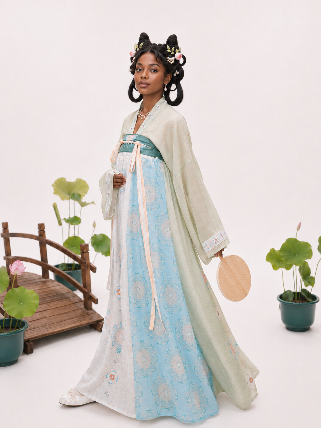Gold floral court style plus size hanfu red tang dynasty round collar robe and white sheer wide sleeve cape with blue green mamian skirt for curvy women fabric and floral detail