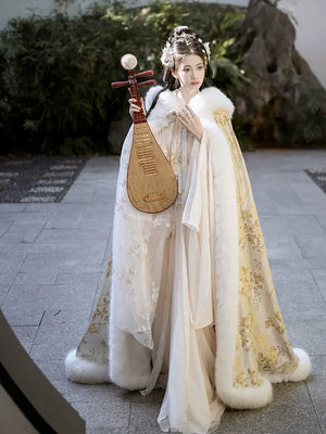 Gold hanfu fur cape for women winter thick warm elegant festive outerwear cloak back view