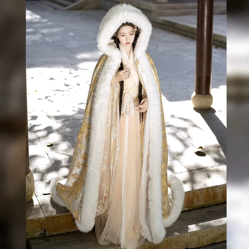 Gold Winter Fur Cape – Hanfu Cloak for Women | Thick, Warm & Elegant Festive Outerwear - Yandan_Hanfu