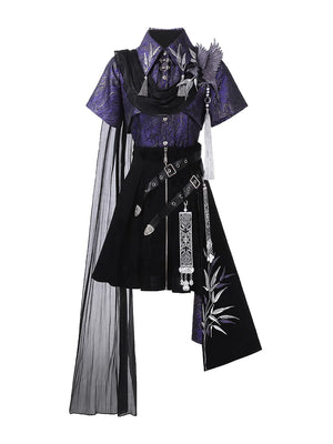 Gothic streetwear lolita hanfu dark purple top and black pu asymmetric skirt with sheer ribbon set for women fabric and ribbon detail