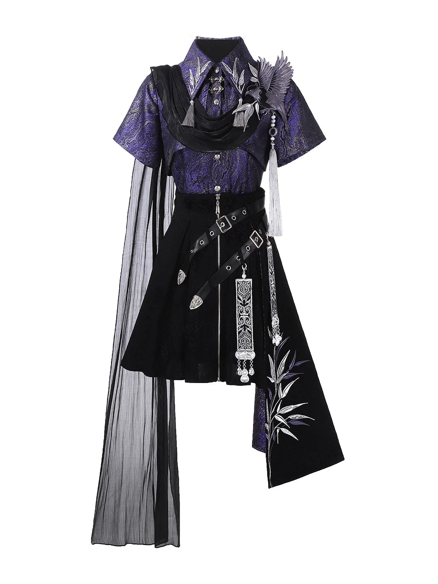 Gothic streetwear lolita hanfu dark purple top and black pu asymmetric skirt with sheer ribbon set for women fabric and ribbon detail
