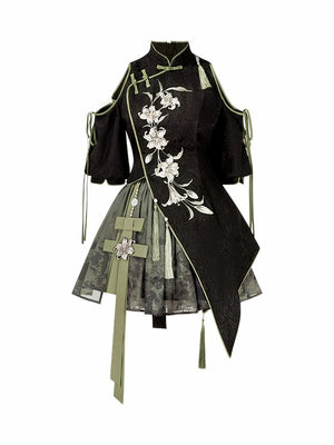 Gothic vintage lolita hanfu dark green plum blossom embroidered top and tulle puff skirt with tassel belt set for women fabric and embroidery detail
