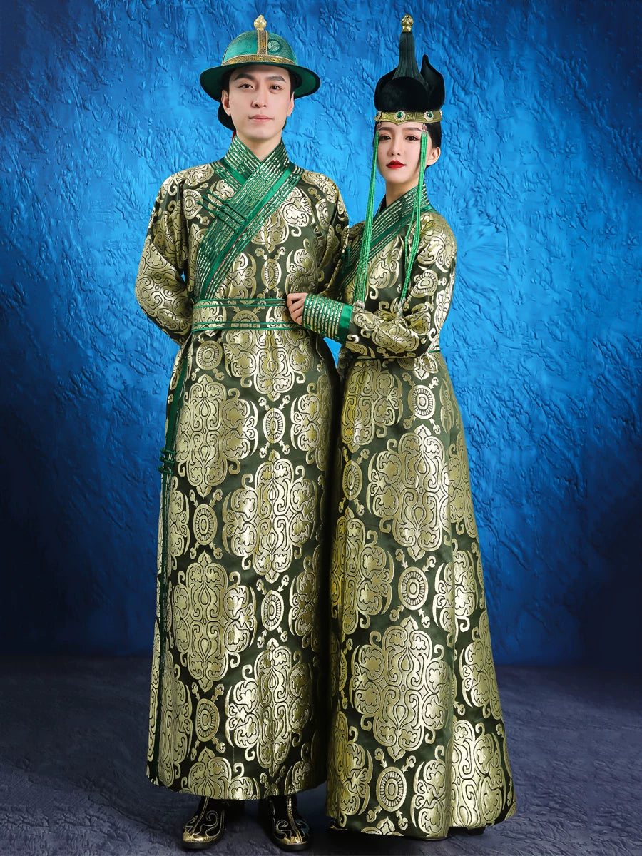  Green ethnic mongolian wedding robe set parent child matching dress and couple outfit for formal wedding back view