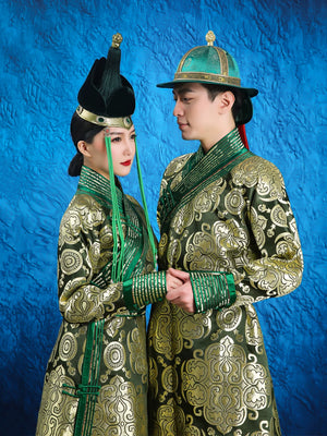  Green mongolian style wedding robe parent child and couple matching set for traditional ethnic wedding event fabric detail
