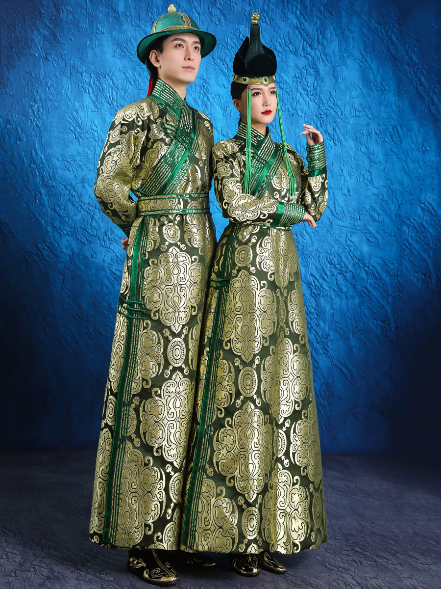 Green mongolian wedding robe parent child and couple matching dress set for traditional ceremony front view