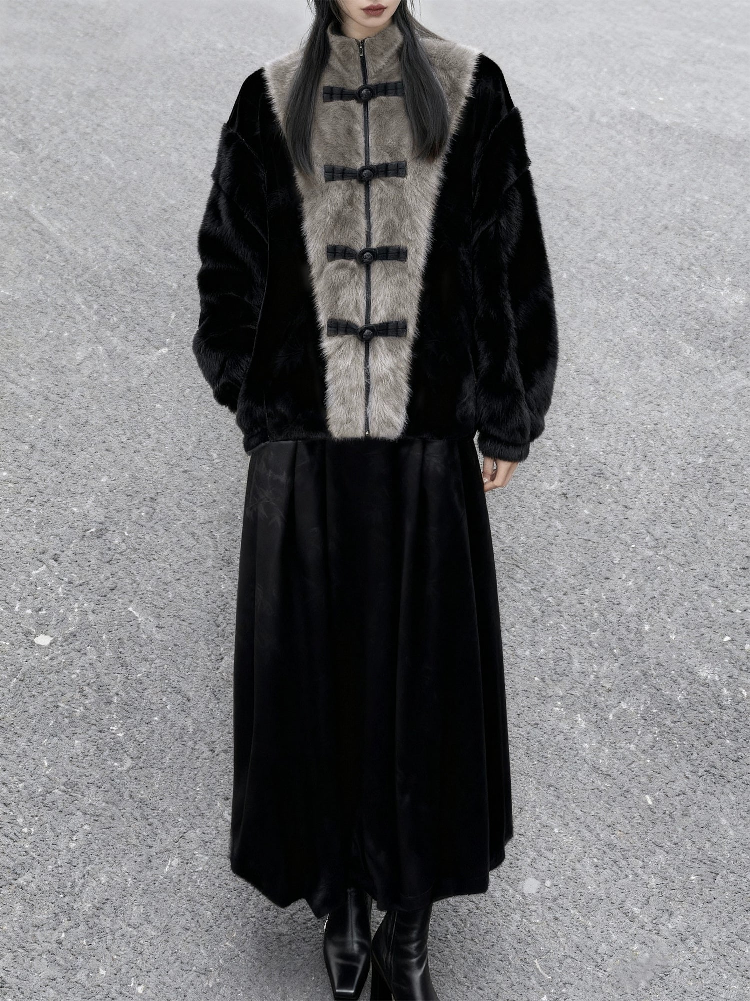 Grey black faux fur chinese coat set bamboo leaf velvet skirt traditional hanfu winter outfit for women front view

