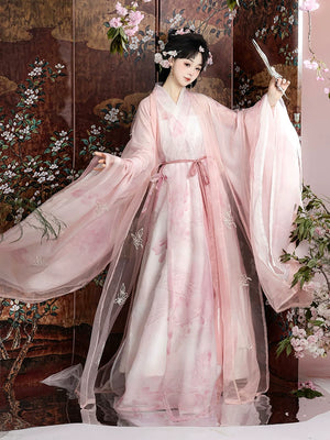 Hanfu dress set pink gradient wide sleeve robe with floral embroidery and layered chiffon skirt for women front view