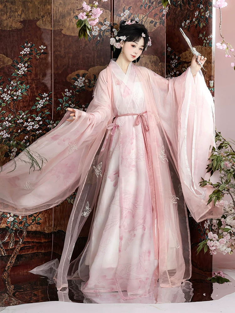 Hanfu dress set pink gradient wide sleeve robe with floral embroidery and layered chiffon skirt for women front view