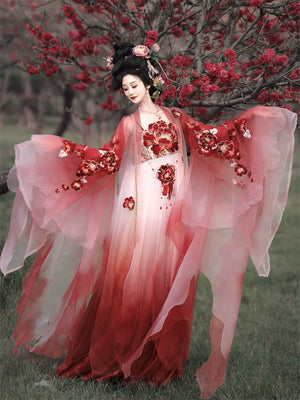 Hanfu dress set red and white gradient wide sleeve robe with 3d floral embroidery available in 2 colors for women front view